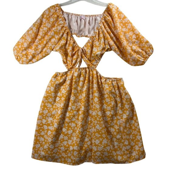 Pink Lily Womens 3XL Yellow Floral Puff Sleeve Cutout Dress Stretchy Resort Wear - Picture 3 of 16